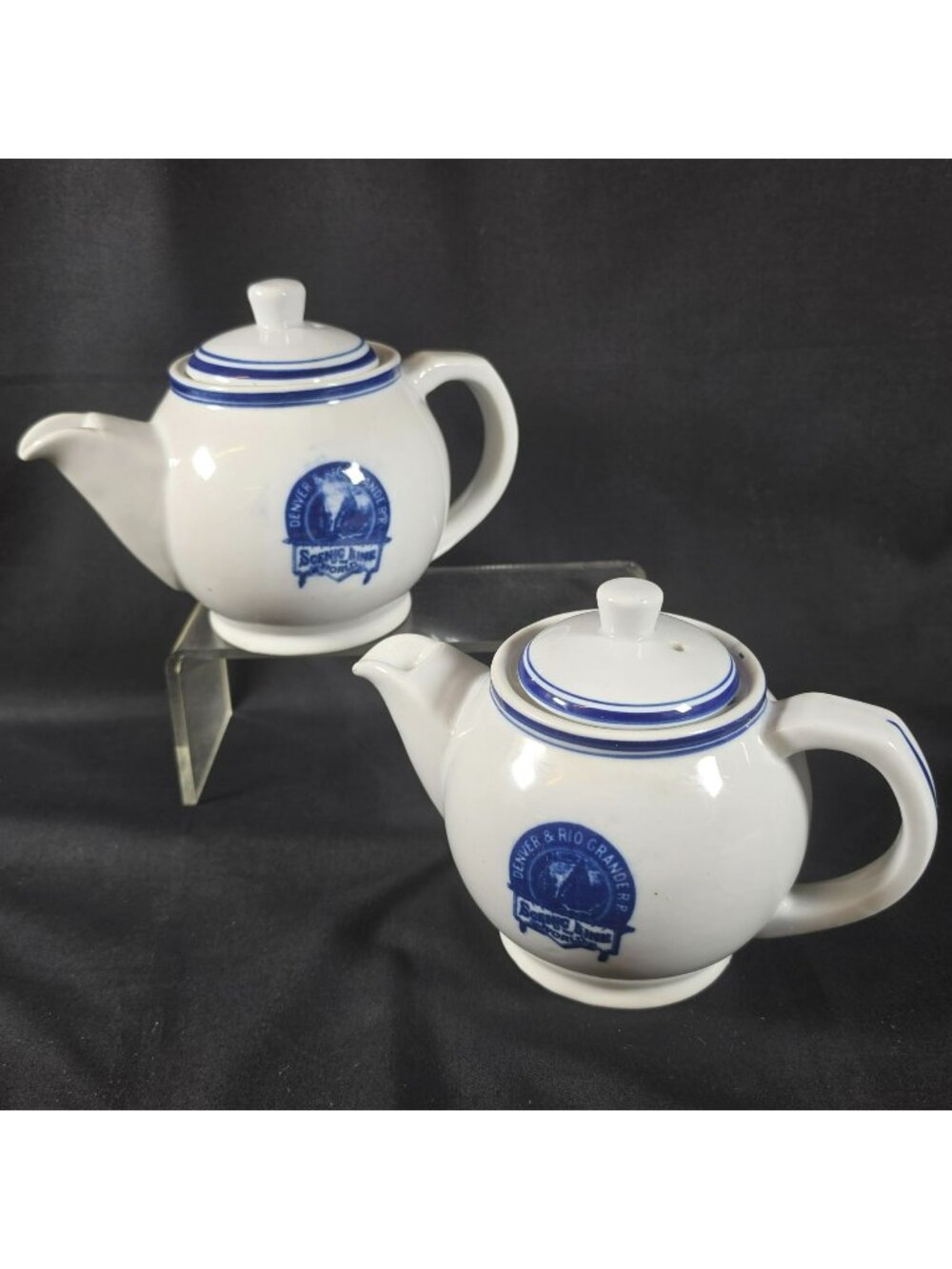 Set of 2 Denver & Rio Grande Railroad Tea Pots Blue Logo Souvenir Reproduction